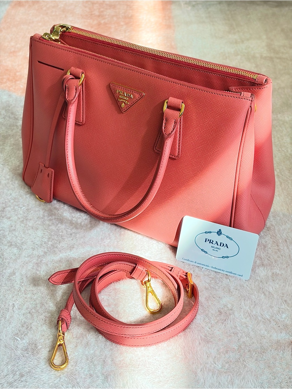 Prada Saffiano Lux Small Double Zip Tote Bag Tamaris Pink BN1801